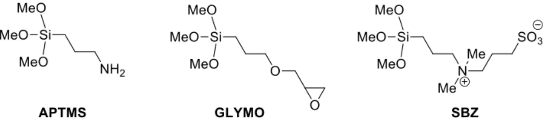 Fig.  1. Structures of the APTMS, GLYMO and  SBZ ligands used to  disperse  ZnO QDs in  water