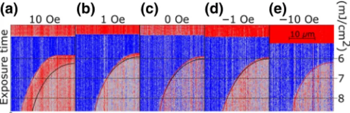 FIG. 6. Magneto-optical images obtained after 50 (top) and 10 (bottom) using a 2-ps laser pulse and a ﬂuence of 11 mJ/cm 2 .