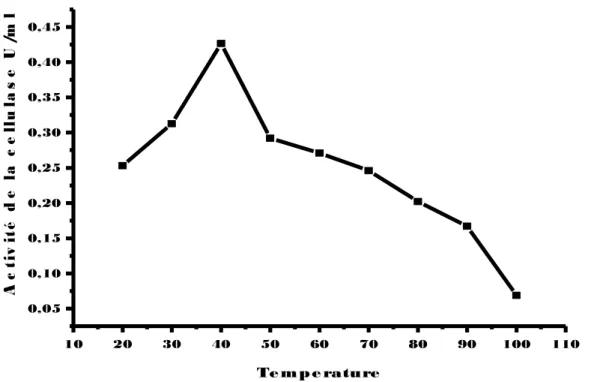 Figure  48 :  Effet   de  la   température  sur  l’activité  de  la  cellulase  chez   la  souche EC4’(▬■▬), incubée à différentes températures pendant 30 min.