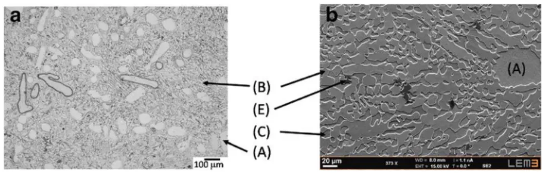 Fig. 9  M15 alloy. Optical  micrograph (a). SEM micrograph  (b). Observed phases are (A) α  Ni-solution  dendrites;  (B)  (Ni,Cr) 3 B borides; (C) α phase  formed during eutectic  solidification, which does not  contain β 1 -Ni 3 Si precipitates; and  (E) 