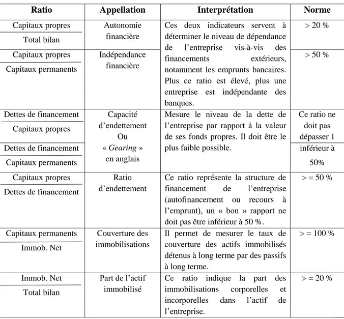 Tableau n°5 : Les principaux ratios de structure financière 