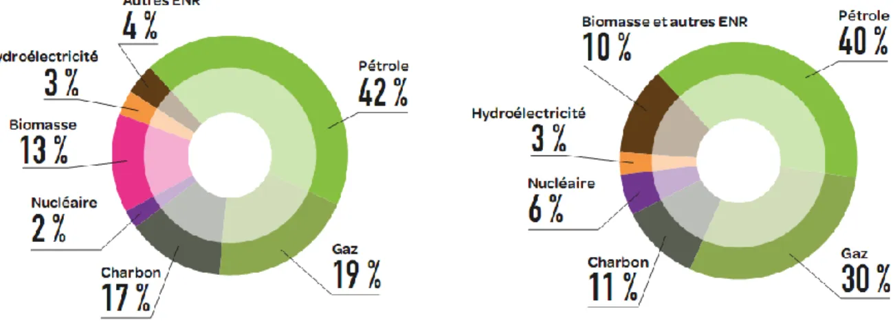 Figure 1. 3: Consommation finale d’énergie par source d’énergie en 2010. a) Monde, b)  union européenne (Batho D, 2013)