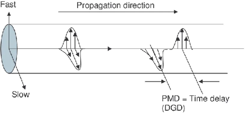 Figure II. 5 Principe de PMD due à la biréfringence de la fibre optique [21]. 