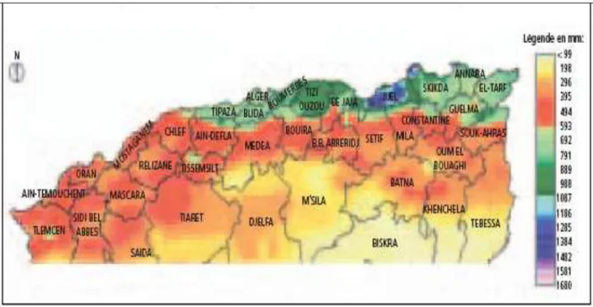 Fig. 10  : Répartition des précipitations dans le nord de l’Algérie (Source : ANRH, 1993)  Les variations des apports pluviométriques que connait depuis près de deux décennies  l’ouest algérien plus particulièrement la région de Sidi Bel Abbes, constituent
