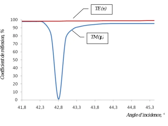Figure 1.14 : Coefficients de réflexion d’une interface « Argent/Air » en fonction de l’angle  d’incidence pour les polarisations TM (p) et TE (s)