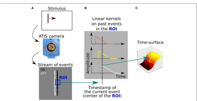 FIGURE 5 | (A) A moving vertical bar is presented to the event-based camera, which output a stream of visual events