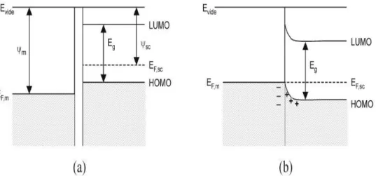 Figure .2.4: Schéma énergétique d’un contact ohmique entre un métal et un semi- semi-conducteur de type p(a) avant contact