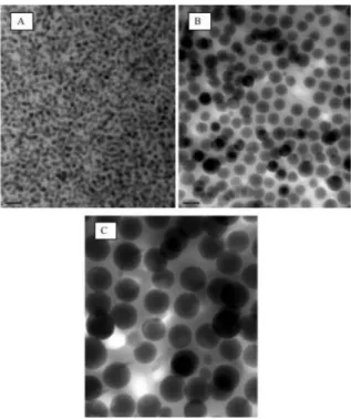 Figure  20 :  Micrographies  MET  pour la  distribution  des particules  de nanosilice  dans  le  DGEBA  (10% en volume):  A) 23 nm,  B) 74 nm  et C) 170 nm  [18]