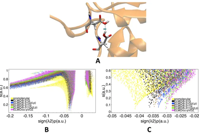 Figure 6: Strong hydrogen bond in the D192N mutant of Rhamnogalacturonan acetylesterase between residues Asp75 and Asp87 (PDB code: 3C1IU): (A) RDG isosurface (s=0.6 a.u., color scale: -0.03 a.u