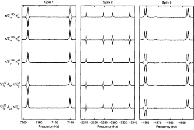 Figure 2-9: Spectra  resulting  from  different  sequences  of pulses  applied  to the  thermal  equilibrium  density  matrix  Pthermal  =  I1 + I 2 + I3