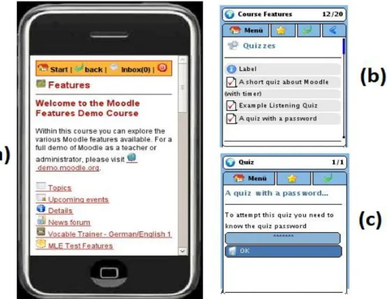 Figure 3 : Captures d'écran relatives à l'outil Moodle MLE : (a) représente l’interface d’accueil, (b) permet de  créer des cours et (c) aide l’apprenant à s’identifier pour faire le quiz