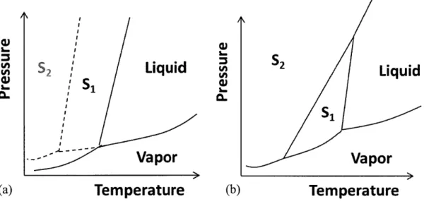 Figure 3.3:  Schematic  plot for the phase  diagram  of (a)  a monotropic  system, and  (b)  an enantiotropic  system