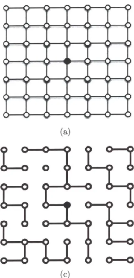 Figure  2-3:  (a)  Bond  percolation  model  on  a  two  dimensional  lattice.  The  origin  is shown  in  bold