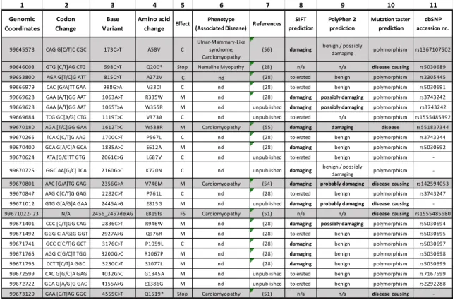 Table 1. SYNM polymorphism: variants, prediction and functional consequences of selected 24  SYNM variants