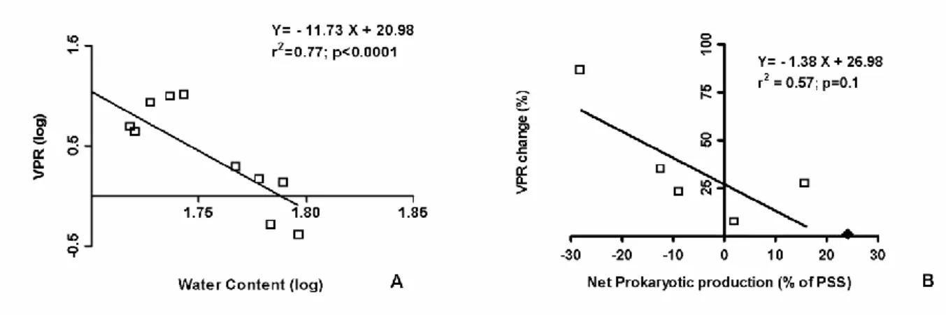 Figure 6 :  In situ  Virus to Prokaryote ratio (VPR) in  the top-surface sediment:   (A)  Log/log  relationship  between  VPR  and  the  water  content  of  the  sediment,  established  with  data  averaged from triplicate samples taken in February and Jul