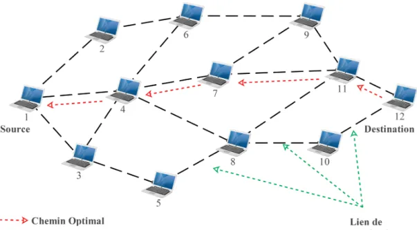 Figure 3.1 – Chemin optimal utilisé dans le routage entre la source et la destination.