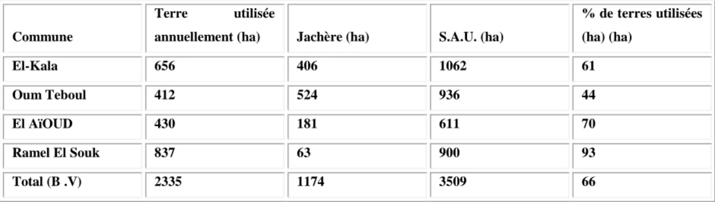 Tableau II.5: Pourcentages des terres cultivées par commune (Compagne 1993-94,1994-95,  et 1996-97) (Raachi, 2007) 