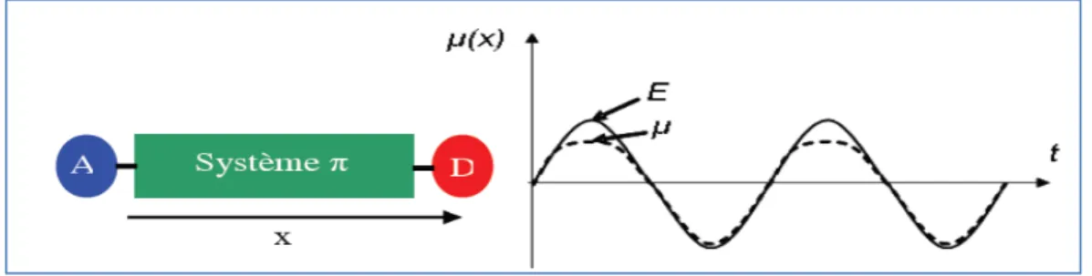 Figure I-7 : Réponse  non linéaire de la polarisation d’un chromophore dans la direction  x  en fonction du temps pour un champ électrique de fréquence  ω 