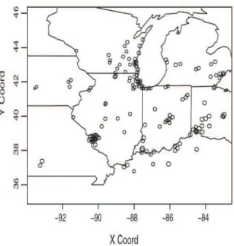 Figure 2.3 – The locations of stations in midwestern US.