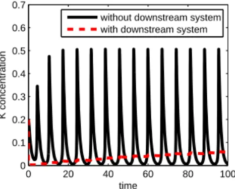 Fig. 12. Simulation results for the concentration of protein K in Figure 11 in the case in which this were used directly as an input to the downstream system, thus binding sites p’ (dashed red plot).