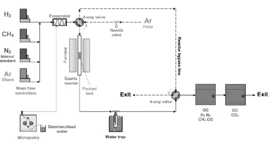 Figure 2.1: Schematic view of microreactor scale packed bed experimental apparatus for reforming reactivity  tests 