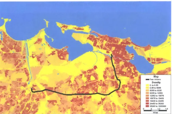 Figure 4.2: San  Juan  Metropolitan  Area  population density and Tren  Urbano  alignment