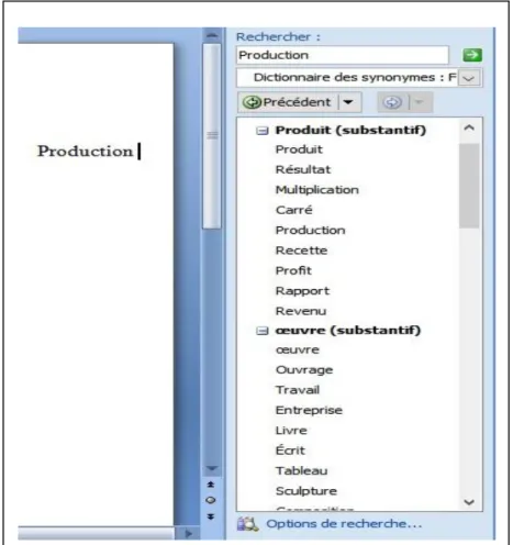 Figure 16 : Dictionnaire des synonymes du mot "production" 