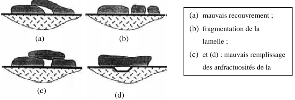 Figure II.5 : Représentations schématiques de mauvais étalements de lamelles qui génèrent  des pores 