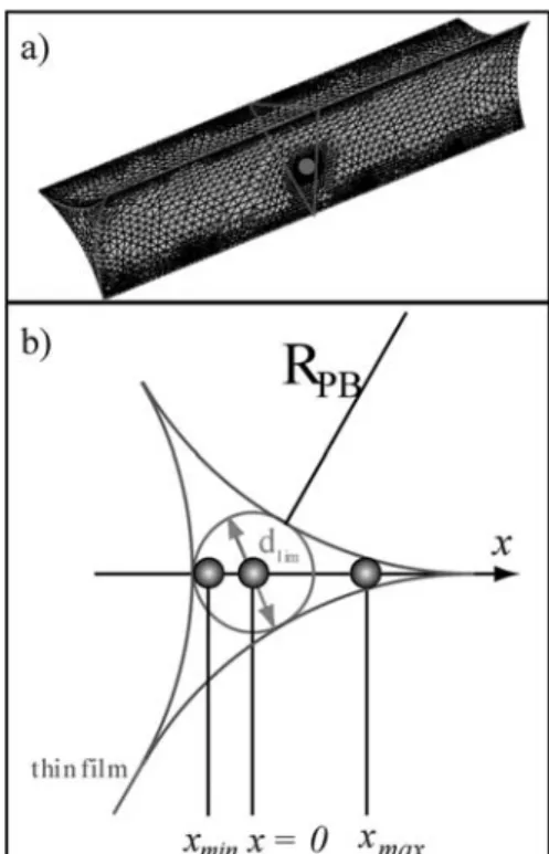 Fig. 3 (a) Example of mesh used to compute the settling velocity of a sphere inside a Plateau border