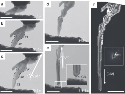 Fig. 3 The nanowire growth for different pulling direction. a – c When pulling the tip towards the top right, the surface of the nanowire assumes a saw-tooth shape