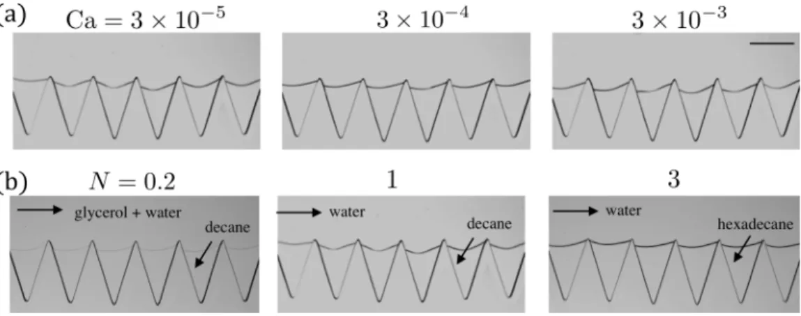 FIG. 6. Effect of capillary number Ca and viscosity ratio N on liquid entrapment. (a) We vary Ca by two orders of magnitude by increasing the flow rate of the flooding phase