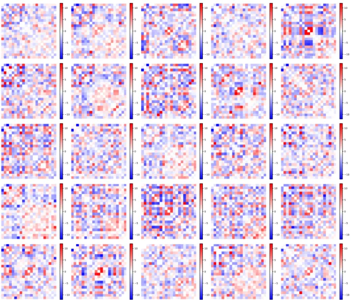 Figure 9. Functional connectivity matrices (21 × 21 ) of 25 UK Biobank subjects. The connectivity structure changes a lot depending on the subject, with various patterns expressing with different weights