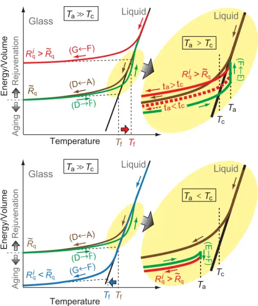 Figure 3 shows a schematic of the energy/volume change during the initial melt-quenching (A → D) and  subsequent thermal loading processes (D → G)