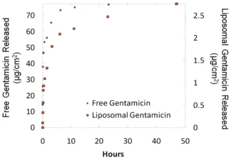 Figure  2-8.  Cumulative  gentamicin  release  for  [Poly  1/HA/GS/HA]so  plotted  on  the  left  ordinate  and  [Poly 1/HA/PLL-Lipo-GS/HA] 5 o plotted on the right ordinate