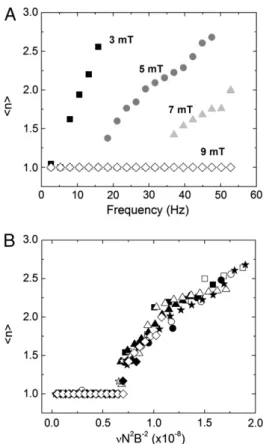 Fig. 3. (A) The time-average number of chain fragments, hni , versus mag- mag-netic field rotation frequency, ν , as a function of magnetic field strength for a N ¼ 10 bead chain