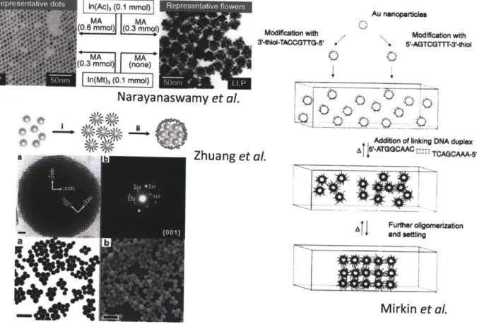 Figure  1-4:  Examples  of nanoparticle  assemblies.  Controlling  amount  of ligands  28,  interaction  of ligands  34  or using  emulsions  19,  nanoparticles  can be assembled  to bigger  units.