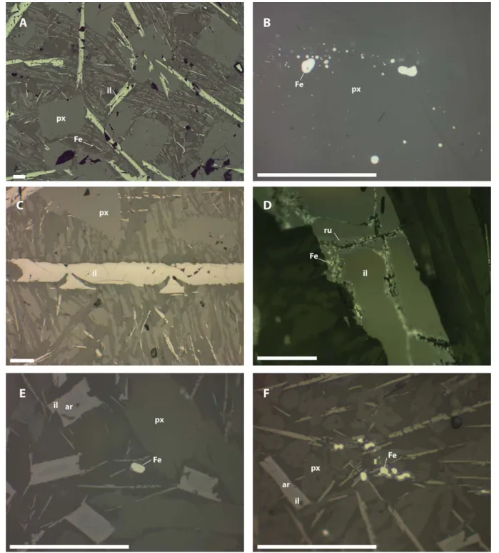 Figure 3. Optical reﬂected microscope images of synthetic lunar basalt samples. (a) An-18, showing ilmenite, pyroxene, and iron