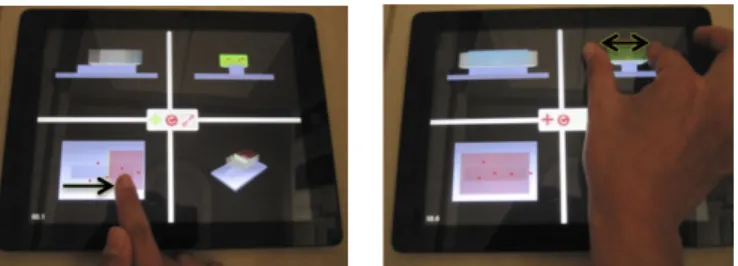 Fig. 1: The iPad App interface: four views, with manipulation options at center. (Left) Touch and drag to translate the prism.