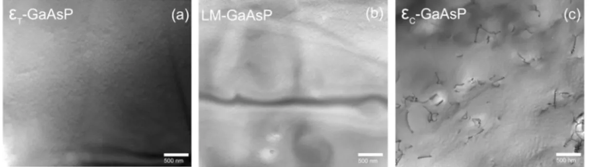Figure 3. Representative plan-view &lt;220&gt; bright field TEM image of (a) 0.2% tensile  strained, (b) lattice-matched and (c) 0.2% compressive strained GaAs x P 1-x  grown on  Si 0.35 Ge 0.65  virtual substrates