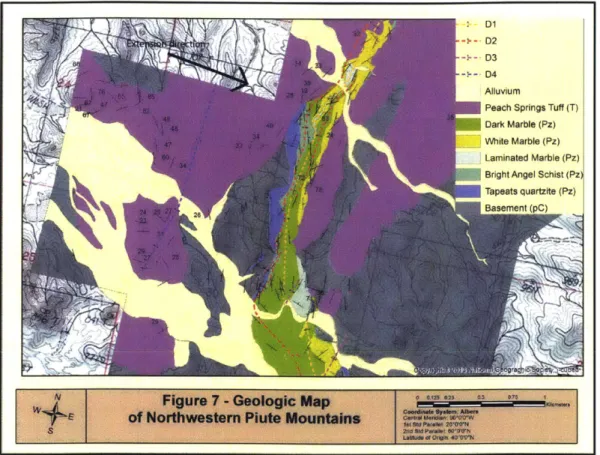 Figure  7:  Geologic map  of the northwestern Piute Mountains. Data  was partially produced by this author during MIT undergraduate  field camp  in January 2014