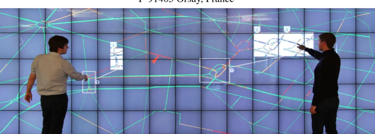 Figure 1. Visualization of traffic in a city with two “DragMagics” (white rectangles) showing one (left) and two (right) simulations associated with different possible interventions on the traffic