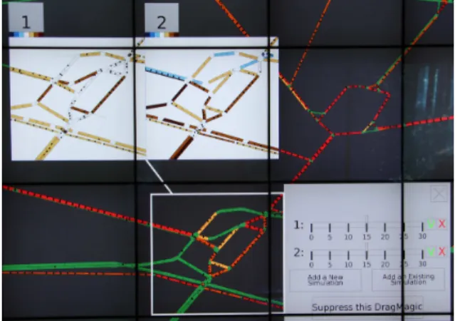 Figure 6. A DragMagic with two forecast visualizations (top left) linked to its area of focus (inside white rectangle), and its menu open (right).