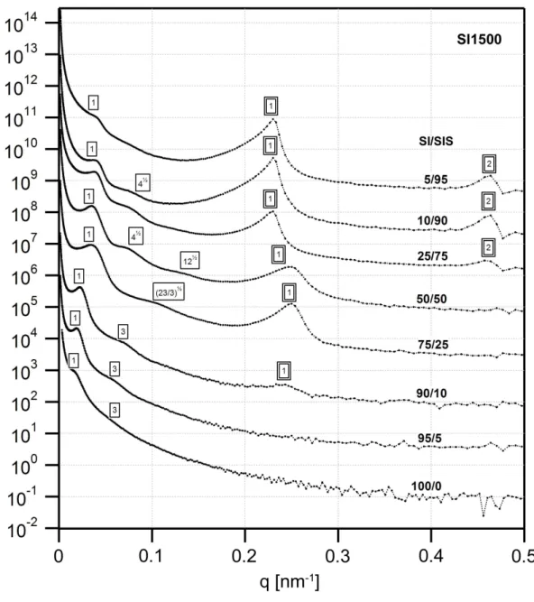 Figure 3.8. USAXS profiles for the SI1500 series of blends. The change in the scattering profile going  from  25%  SIS  to  50%  SIS  is  clearly  evident,  indicating  a  change  in  the  morphology  from  double  gyroid-like  to  cylinders
