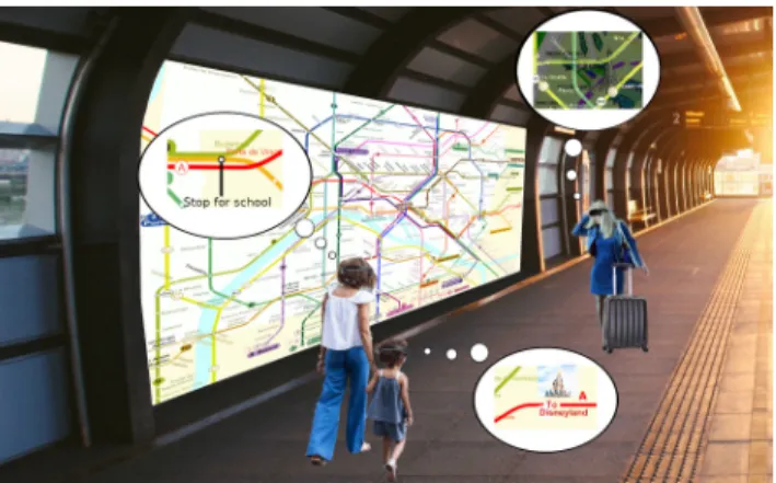 Figure 2: Personal AR route on a public map at the metro station providing geographic context