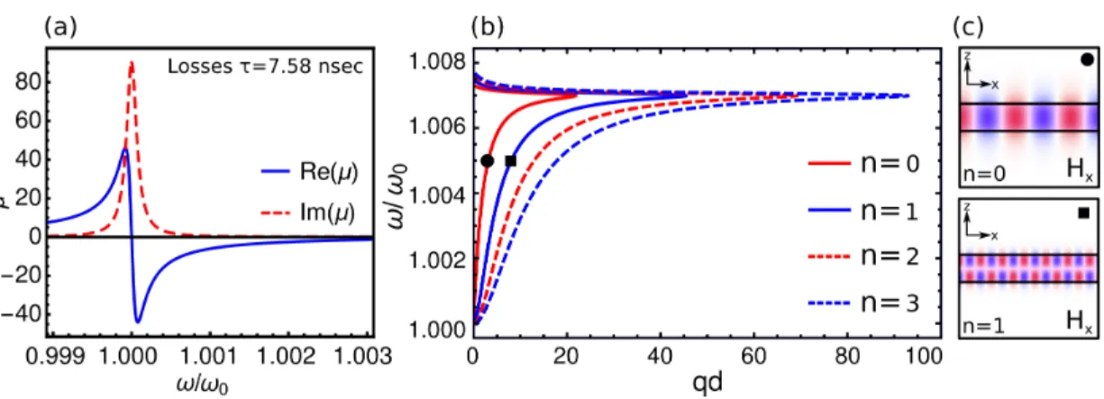 Figure 2-1: Surface magnon polariton (SMP) modes on MnF 2 . (a) Frequency dependent permeability function for MnF 2 calculated using Equation 2.1 and using the parameters given in Table 2.1