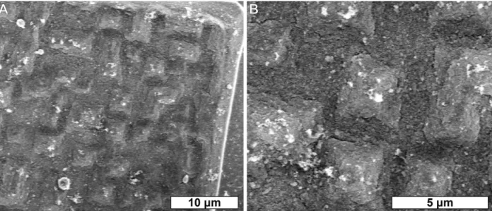 Figure  6.2:  SEM  micrographs  of  PAEs  slow-cooled  onto  nanodot  arrays  with  slight  lattice  mismatch, demonstrating single-crystal, thin film constructions that potentially exhibit a faceting  instability
