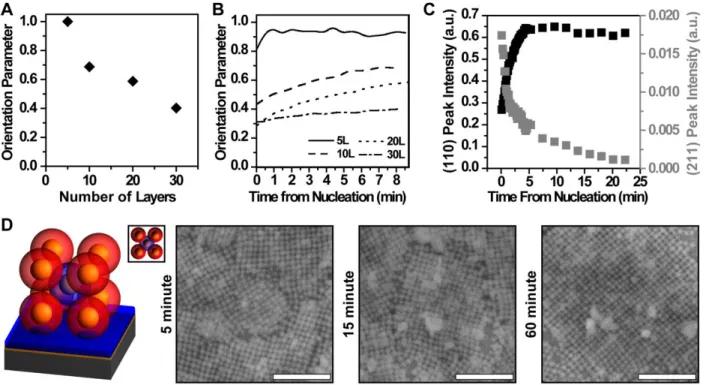 Figure 2.1: Morphological evolution of PAE thin films with “preferred alignment.” A) Decreasing  orientation parameter as a function of layer number reveals waning effects of interface as thickness  of film increases and a critical film thickness of 5-10 l