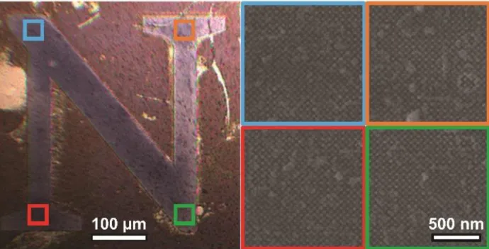 Figure 3.3: Optical image of DNA-functionalized nanoparticle thin film grown from a template  exhibiting  an  arbitrary  geometry