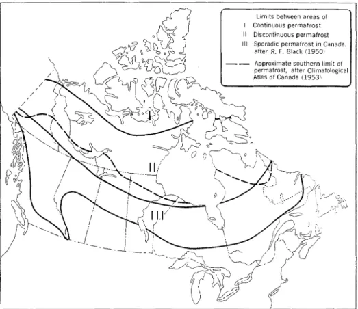Fig.  3.  Zones  of  permafrost  after  Black,  and  approximate  southern  limit  of  permafrost  after Climatological  Atlas of  Canada