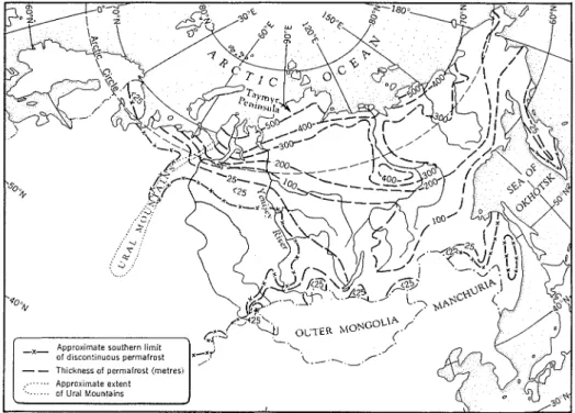 Fig.  4.  Distribution of  permafrost in the U.S.S.R.  (After Baranov). 